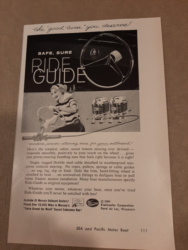 Mercury Ride Guide Steering Add from Sea and Pacific motor boat, original add very good