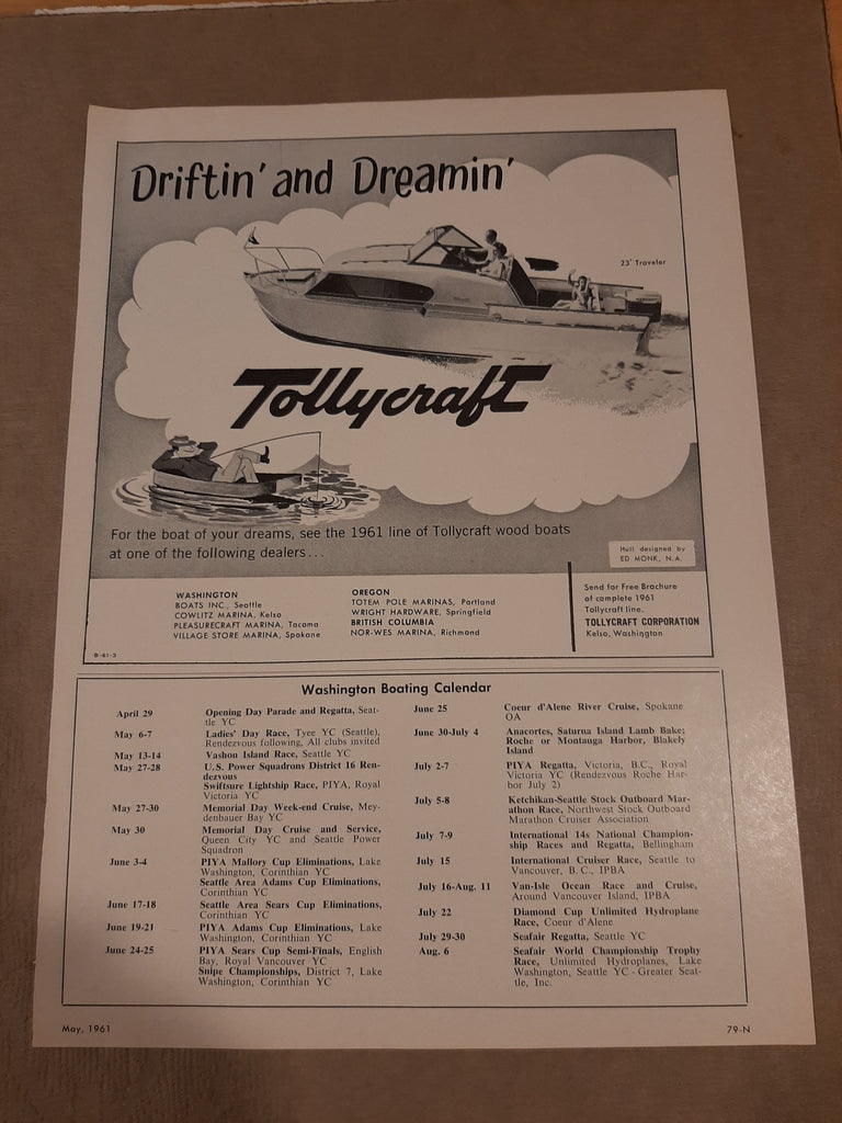 Tollycraft 1961 Boat advertisement, original very good condition