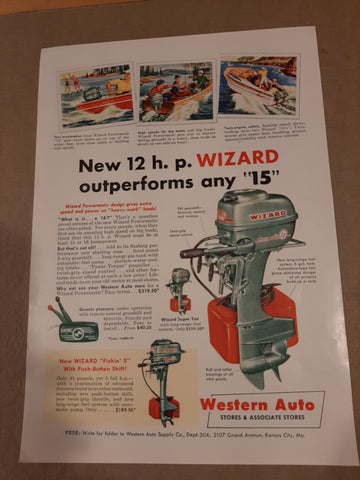 Wizard 12 hp outboard  1955 original color ad