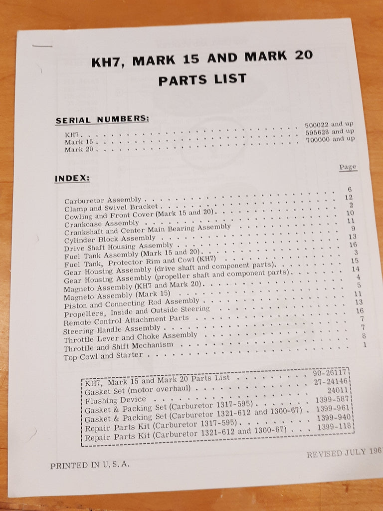 KH7, Mark 15, Mark 20 Mercury parts list