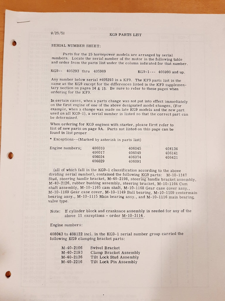 Mercury KG9 parts list, good reproduction